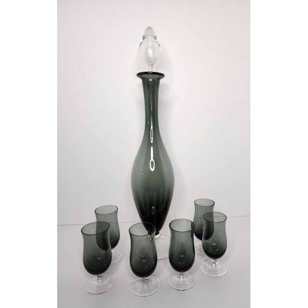 Vtg Footed Decanter Black Clear Gray Glass Cordial 7 PC‎ Italy Vintage MCM